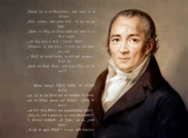 Portait with a poem, Johann Peter Hebel, 1760 - 1826, German poet, Protestant theologian and educator, Alemannic dialect poet, digitally optimized based on a painting by Philipp Jakob Becker, 1807