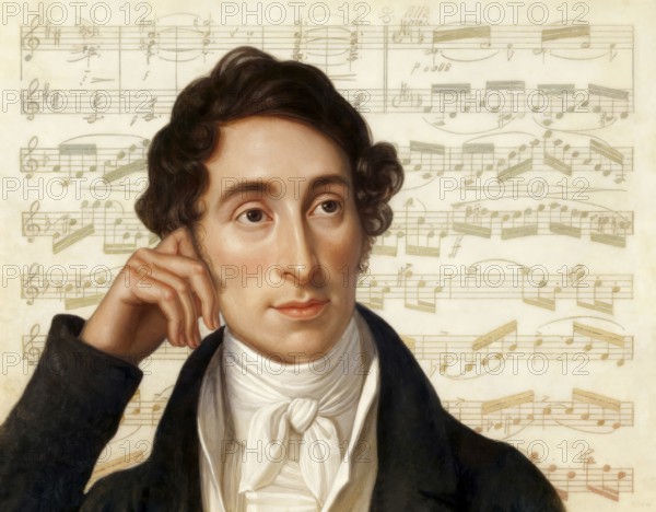 Carl Maria von Weber, 1786 - 1826, German composer, conductor and pianist, digitally edited after a painting by Caroline Bardua, notesheet from Oberon, or The Elf King's Oath