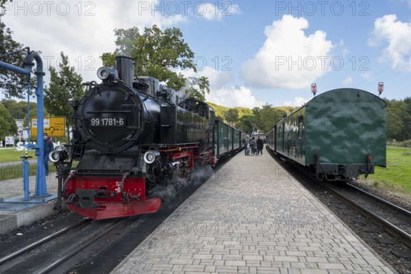Historic Steam Railway, Rasender Roland Narrow Gauge Railway, Rügensche Bäderbahn, Sellin Ost Station, Baltic resort, Rügen Island, Mecklenburg-Western Pomerania, Germany