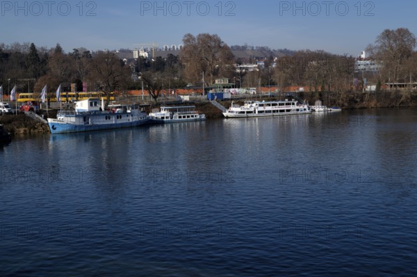 Boats, ships anchor at Wilhelma am Neckar pier, Neckar-Käptn, passenger shipping, Stuttgart, Baden-Württemberg, Germany