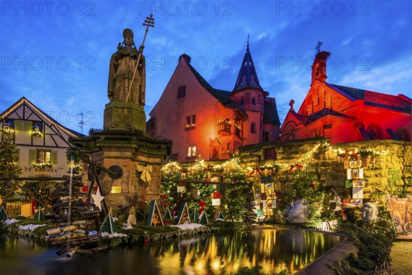 Houses illuminated and decorated for Christmas, Christmas market, blue hour, Eguisheim, Haut-Rhin department, Grand Est region, Alsace, France