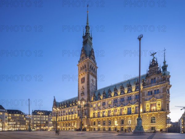 Hamburg City Hall with illuminated façade at the blue hour, Hamburg, Germany