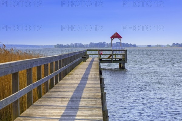 Wooden jetty in Wieck am Darß, Fischland-Darss-Zingst, holiday resort on the Darß peninsula in Mecklenburg-Western Pomerania, Germany