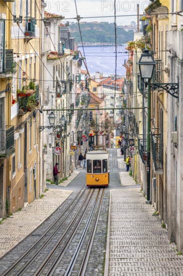 Traditional vintage yellow tram on tram line 28 climbing steep cobbled street in the capital city Lisbon / Lisboa, Portugal
