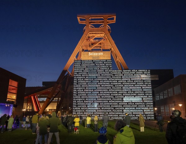Advertising for participation in the referendum on the Olympic bid of North Rhine-Westphalia, with the Rhine-Ruhr region, Cologne-RheinRuhr, interactive light installations can now be seen at 5 different well-known sights, which are aimed at the citizens of the affected cities and regions to take part in the vote, here the Doppelbock conveyor framework of shaft 12, at the Zollverein colliery in Essen