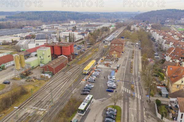 Urban aerial view with railway tracks, buildings and adjacent nature, acceptance of the Hermann Hesse Railway, Weil der Stadt, Black Forest, Germany