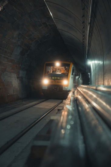 An illuminated train passes through an industrial tunnel at night, taking the Hermann Hesse Railway, Calw, Black Forest, Germany