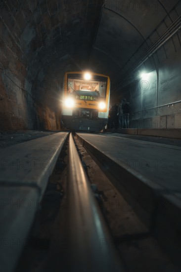 A train goes through an illuminated tunnel, taking the Hermann Hesse Railway, Calw, Black Forest, Germany