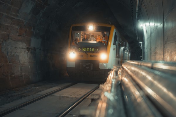 A modern train passes through an illuminated tunnel at night, taking the Hermann Hesse Railway, Calw, Black Forest, Germany