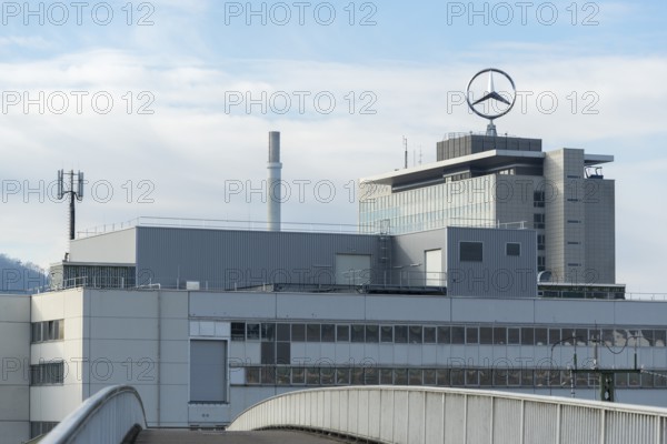 Building with Mercedes logo and cloudy sky, modern architecture, Mercedes Star, Stuttgart-Untertürkheim, Baden-Württemberg, Germany