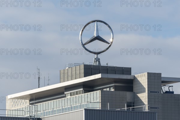 Architecturally modern building with Mercedes-Benz logo and slightly cloudy sky, Mercedes Star, Stuttgart-Untertürkheim, Baden-Württemberg, Germany