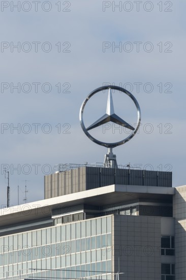 Mercedes-Benz logo over a modern building with blue sky, Mercedes Star, Stuttgart-Untertürkheim, Baden-Württemberg, Germany