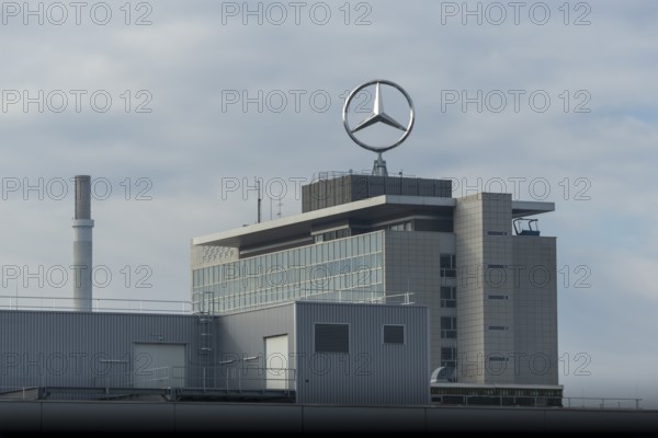 Industrial building with Mercedes logo under a cloudy sky, Mercedes Star, Stuttgart-Untertürkheim, Baden-Württemberg, Germany