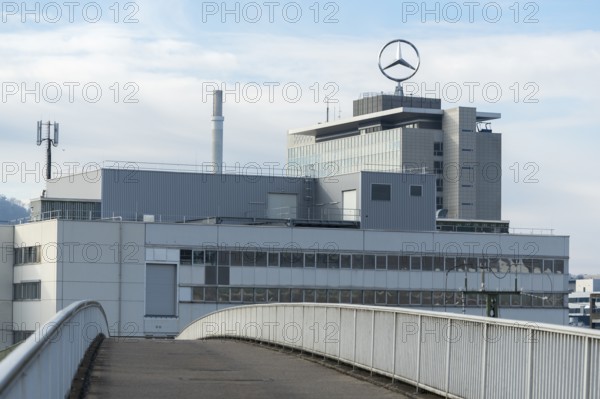 Building with Mercedes logo and bridge under slightly cloudy sky, Mercedes Star, Stuttgart-Untertürkheim, Baden-Württemberg, Germany