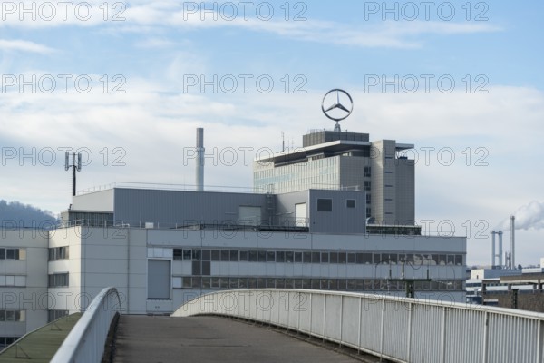 Building with Mercedes logo and front view of a bridge under cloudy sky, Mercedes Star, Stuttgart-Untertürkheim, Baden-Württemberg, Germany