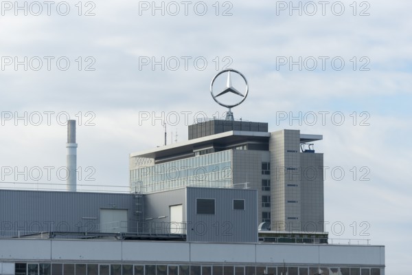 Modern factory building with Mercedes logo under cloudy sky, Mercedes Star, Stuttgart-Untertürkheim, Baden-Württemberg, Germany