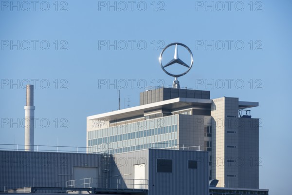 Industrial building with Mercedes logo and chimney, modern building style under blue sky, Mercedes Star, Stuttgart-Untertürkheim, Baden-Württemberg, Germany