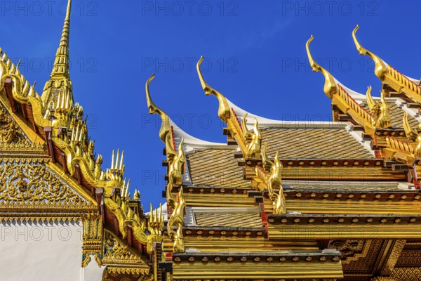 The Grand Royal Palace, the gilded Abhorn Bimok Pavilion with overlapping roofs and curved chofas, Phra Nakhon, Bangkok, Thailand's metropolis, Thailand