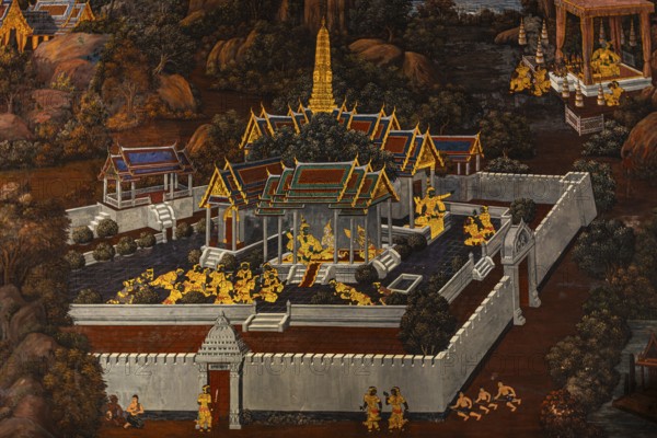 The Grand Royal Palace, Wat Phra Kaeo Buddhist Temple, wall painting on galleries with Buddhist motifs, Phra Nakhon, Bangkok, Thailand's metropolis, Thailand