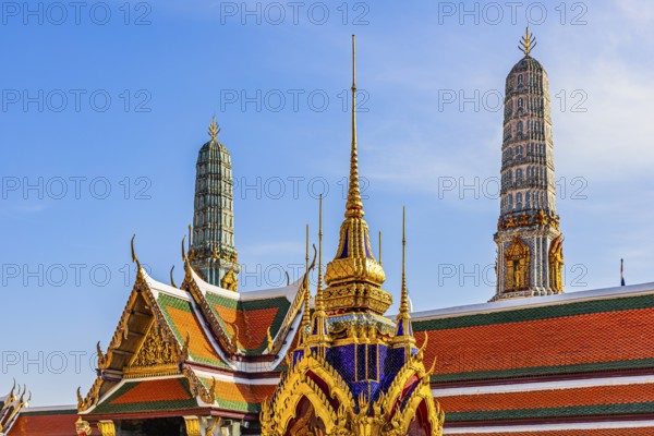 The Grand Royal Palace, Wat Phra Kaeo Buddhist Temple, the Royal Pantheon, Prasad Phra Thepbidon, buildings with overlapping roofs with curved chofas, Phra Nakhon, Bangkok, Thailand's metropolis, Thailand