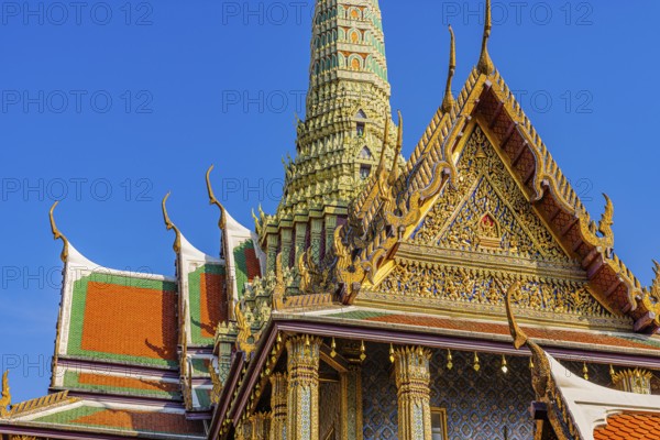 The Grand Royal Palace, Wat Phra Kaeo Buddhist Temple, the Royal Pantheon, Prasad Phra Thepbidon, overlapping roofs with curved chofas, Phra Nakhon, Bangkok, Thailand's metropolis, Thailand