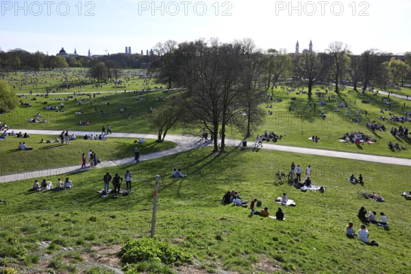 View of the southern English Garden from Monopteros, many people enjoying summer, Munich, Bavaria, Germany