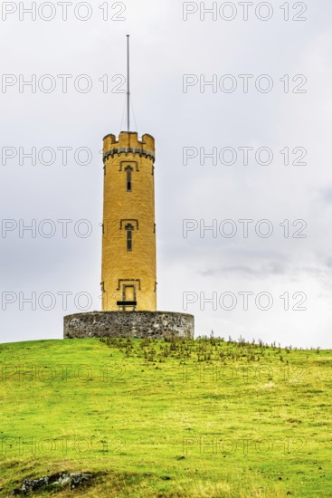 Binns Tower over Scotish farms and Forth Estuary, House of the Binns, Linlithgow, Scotland, UK