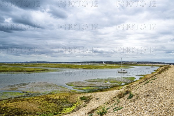 Boats and Marshes over Hurst Spit, Milford on Sea, Lymington, Hampshire, UK