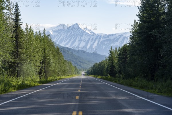 Road through taiga and mountainous landscape, picturesque landscape on Richardson Highway, Alaska, USA