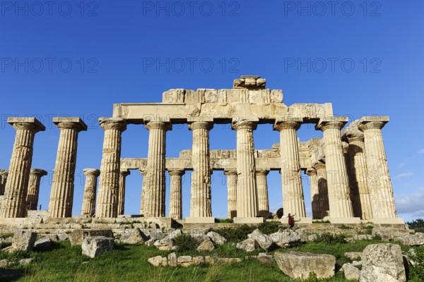 Temple E, Temple of Hera in the ancient Greek city of Selinunte, acropolis, Doric style, archaeological site, restoration, Selinunte, Castelvetrano, Trapani, Sicily, Italy