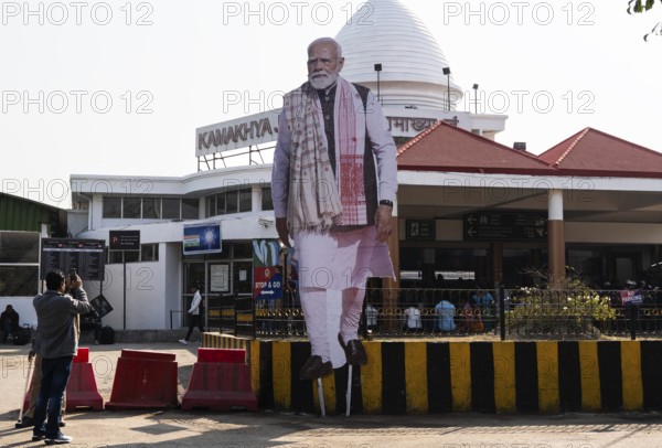 A large cutout of Indian Prime Minister Narendra Modi installed outside Kamakhya railway station as he virtually flags off the country's first Vande Bharat sleeper train between Guwahati (Kamakhya) and Howrah, in Guwahati, India on 17 January 2026