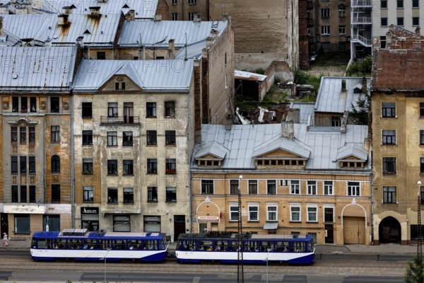 Historic street view of Moscow suburb in Riga with tram passing by, Riga, Latvia, Latvia