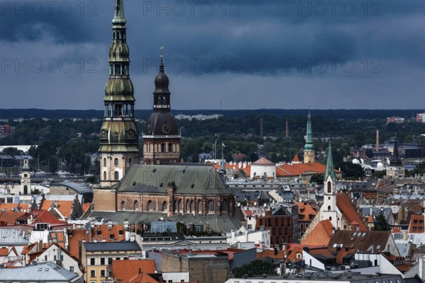 Panorama of Riga with distinctive church towers and historic buildings, Riga, Latvia, Latvia