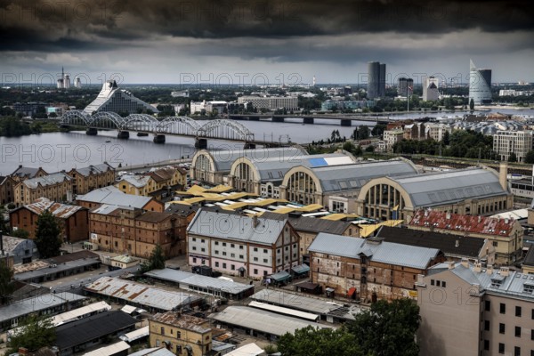 Distinctive view of Riga Central Market and surrounding bridges, Riga, Latvia, Latvia