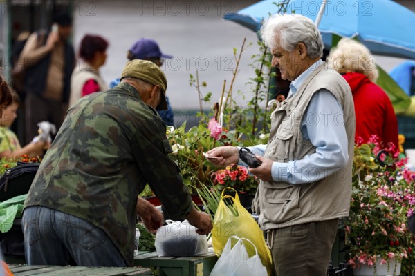 Men buy flowers at the busy Central Market in Riga, Riga, Central Market, Latvia