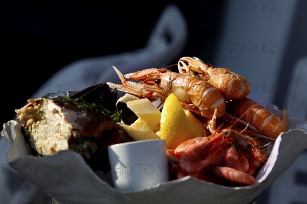 Appetizing seafood dish with crustaceans presented in the restaurant, Smögen, Västra Götaland, Sweden