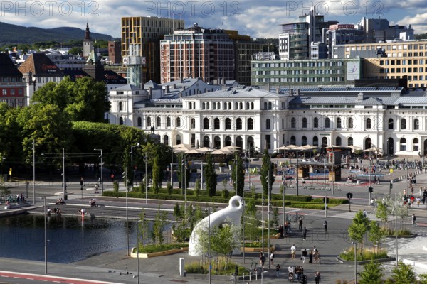 Panoramic view of Palékaia from the opera house with urban architecture and green park, Oslo, Norway