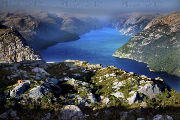 Breathtaking view of the Lysefjord of Prekestolen surrounded by impressive mountains, Lysefjord, Rogaland, Norway