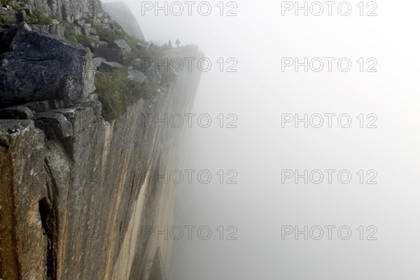 A rocky edge covered in fog rises majestically on the way to Preikestolen, Preikestolen, Rogaland, Norway