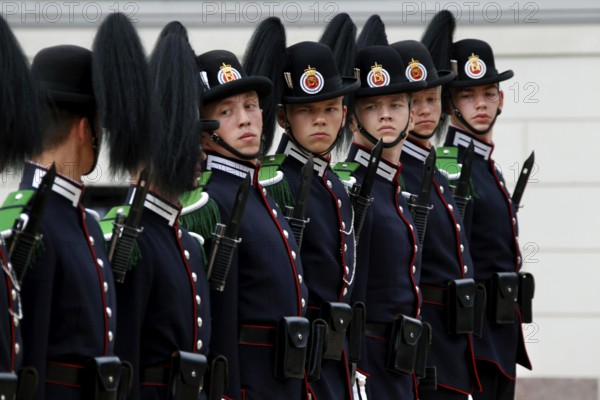 Ceremonial changing of the guard with soldiers in uniform at the Royal Palace in Oslo, Oslo, region, Norway