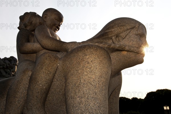 Granite figure depicting a dynamic moment in the soft light of the sun, Oslo, Norway
