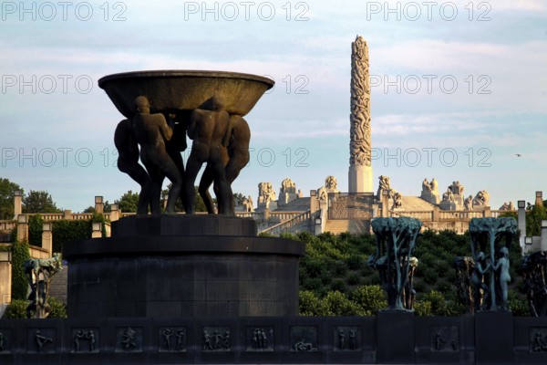 Bronze fountain and monoliths in Vigelandsparken at sunset, Oslo, Norway