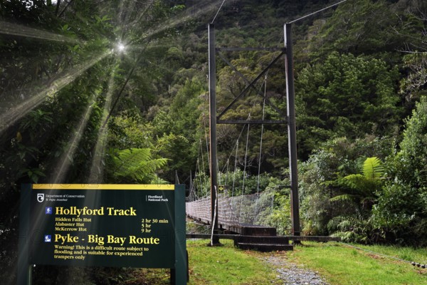 Bridge and sign in sunshine on Holyford Track, Holyford Track, Fjordland National Park, New Zealand