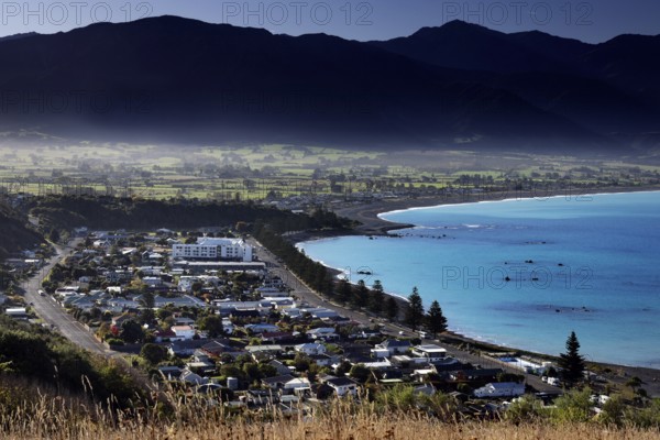 Panoramic view of the coastal town of Kaikoura and the adjacent mountains, Kaikoura, New Zealand