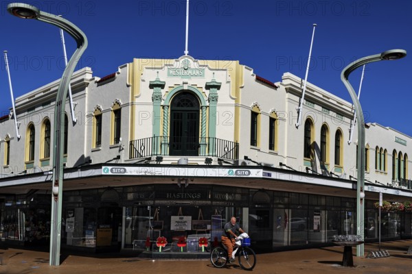 Westerman's Building in art deco style with pastel coloured façade in the sun, Hastings, New Zealand