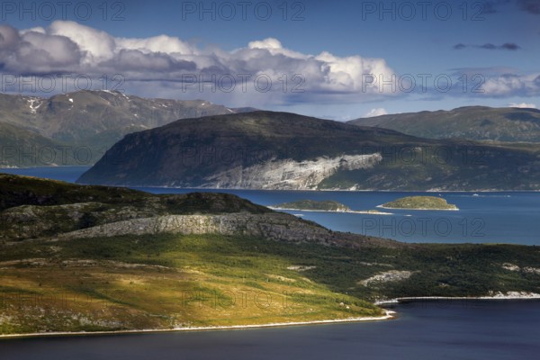 Far-reaching view of Lyngenfjord under a partly cloudy sky, Lyngenfjord, Troms og Finnmark, Norway