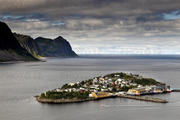 Panorama of Husøy Island surrounded by sea and mountains, Husøy, Senja, Norway