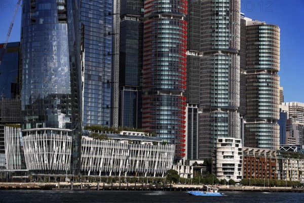 Modern skyline of Barangaroo with distinctive waterfront buildings, Sydney, New South Wales, Australia