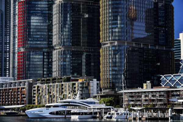 Skyscrapers and yachts in the lively Barangaroo district, Sydney, New South Wales, Australia