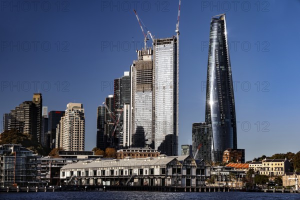 Sydney's modern skyline with glittering skyscrapers in Barangaroo and Walsh Bay, Sydney, New South Wales, Australia